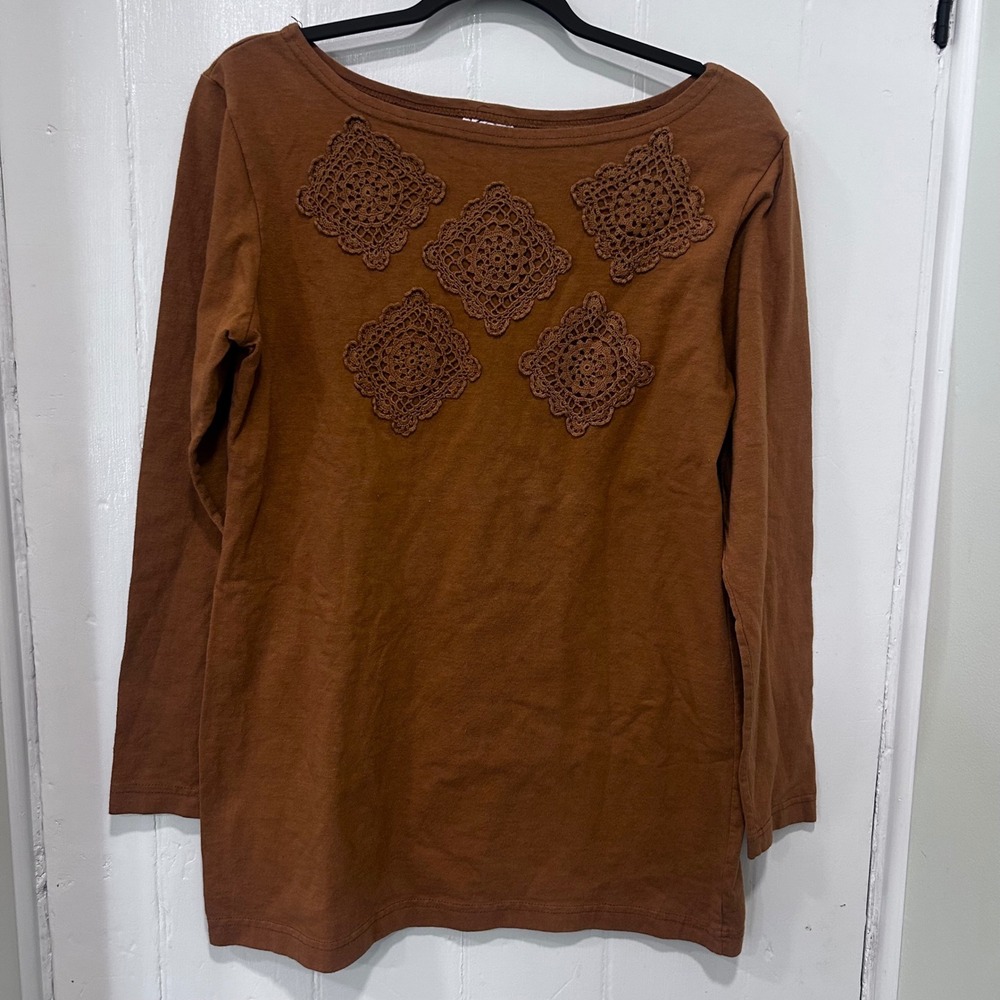 Christine Damen California Bouquet Cotton Crochet Lace Top Brown Long Sleeve